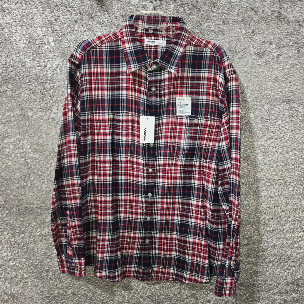 Sonoma Mens XL Supersoft Flannel Shirt Red Navy Blue Plaid Button Down New
